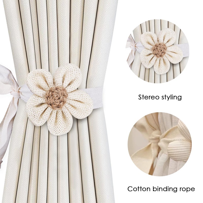 SRG 4pcs Handmade Rope Curtain Tiebacks | Boho Flower Curtain Holdbacks | Simple Elegant Sunflower Curtain Holders | Boho Bedroom Decor(Cream&Khaki) - Image 4